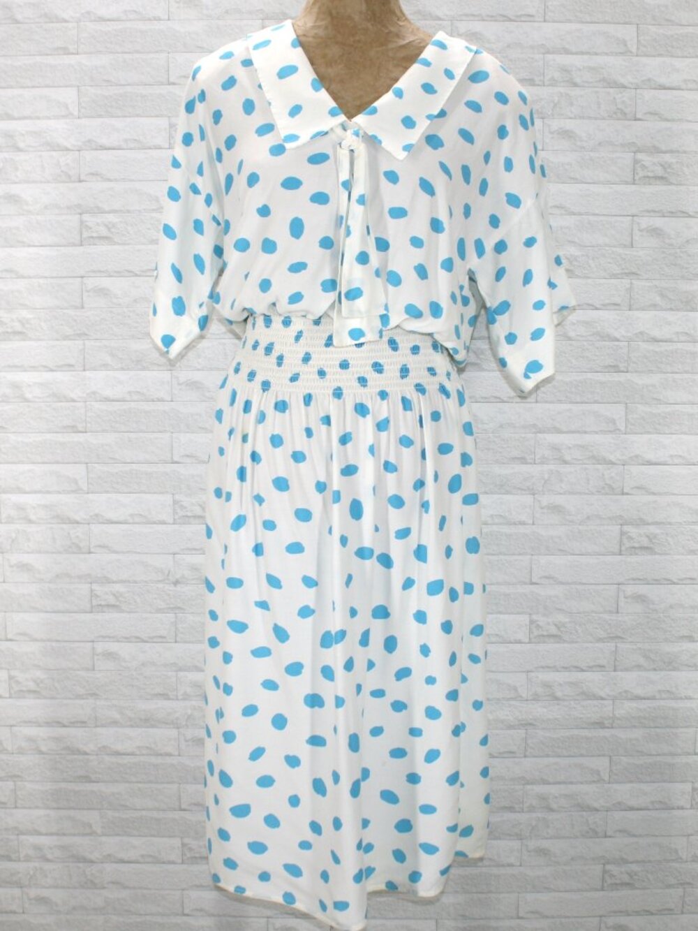 VINTAGE MAGGIE BOUTIQUE Dress Retro Polka Dot Shirtdress White Turquoise 12